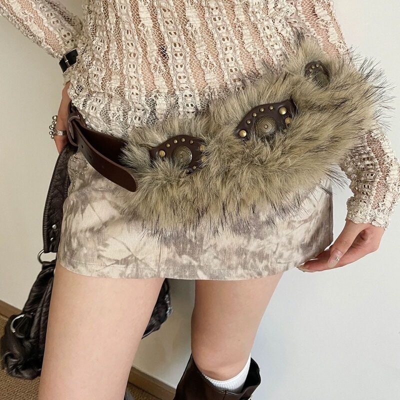 American Retro Wasteland Style Plush Rivet Patchwork Belt Accessory Y2K Millennium Hot Girl Outfit Vibe-Enhancing Item