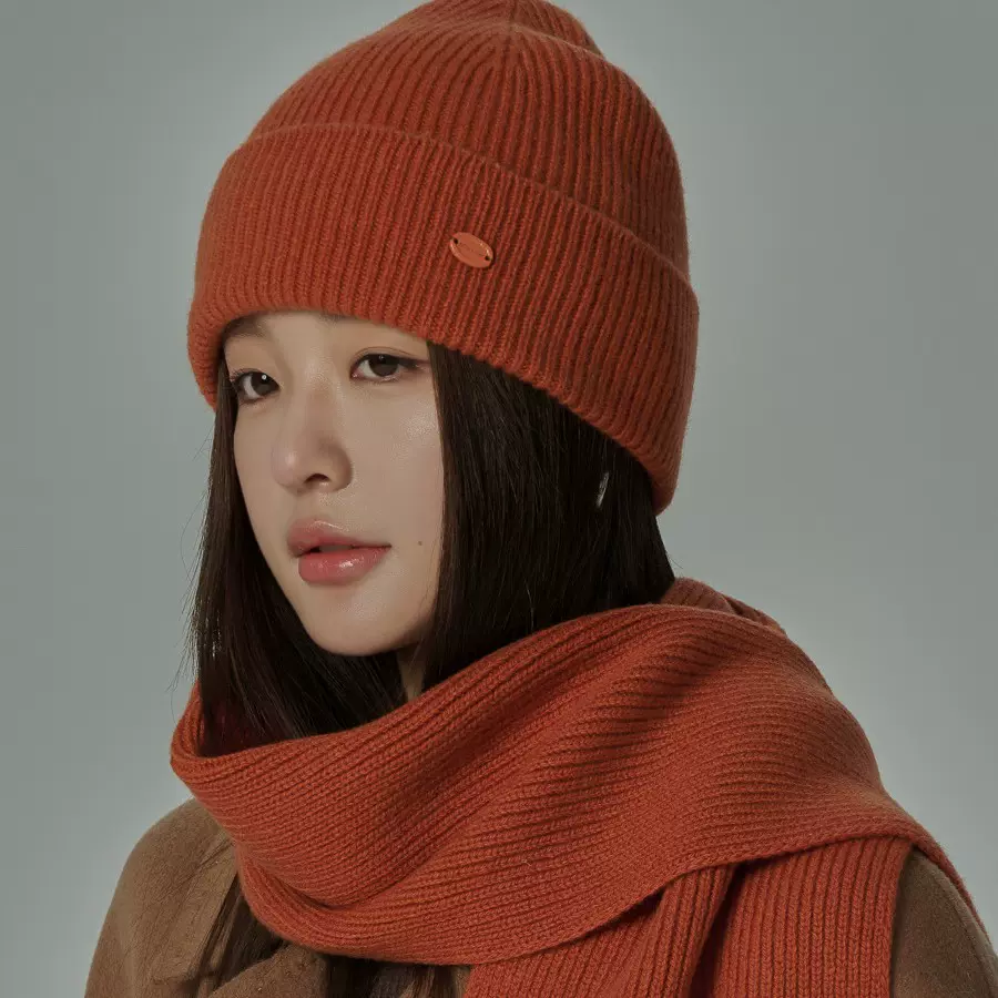 纯色羊毛翻边新款百搭针织帽子女冬复古新款大头围帽子围巾两件套