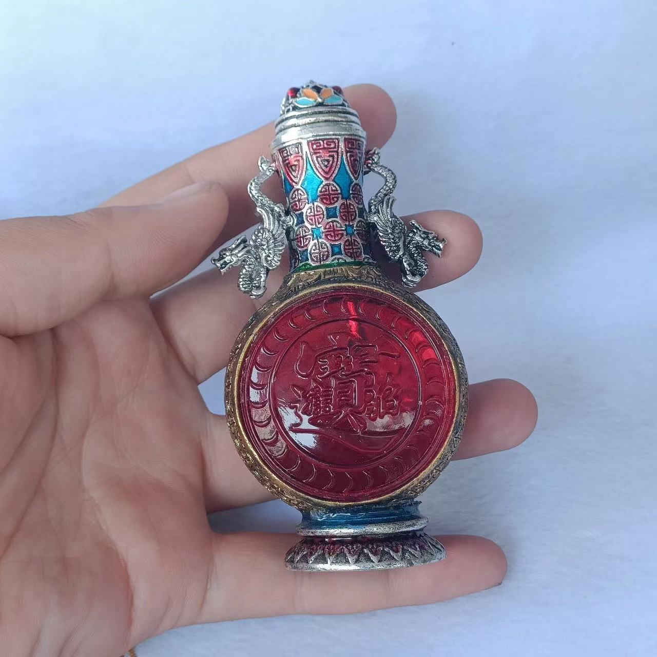 古玩杂项工艺品仿古藏银镶嵌琉璃鼻烟壶做旧鼻烟壶摆件