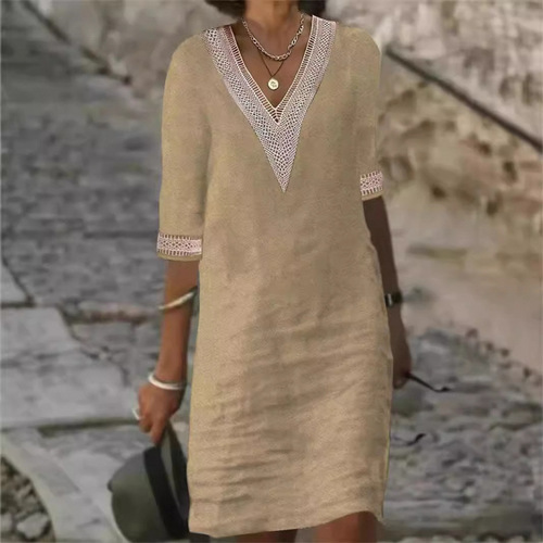 2025 New European and American Women's Fashion Independent Store Solid Color V-Neck Lace Edge Medium-Sleeve Cotton Linen Casual Dress