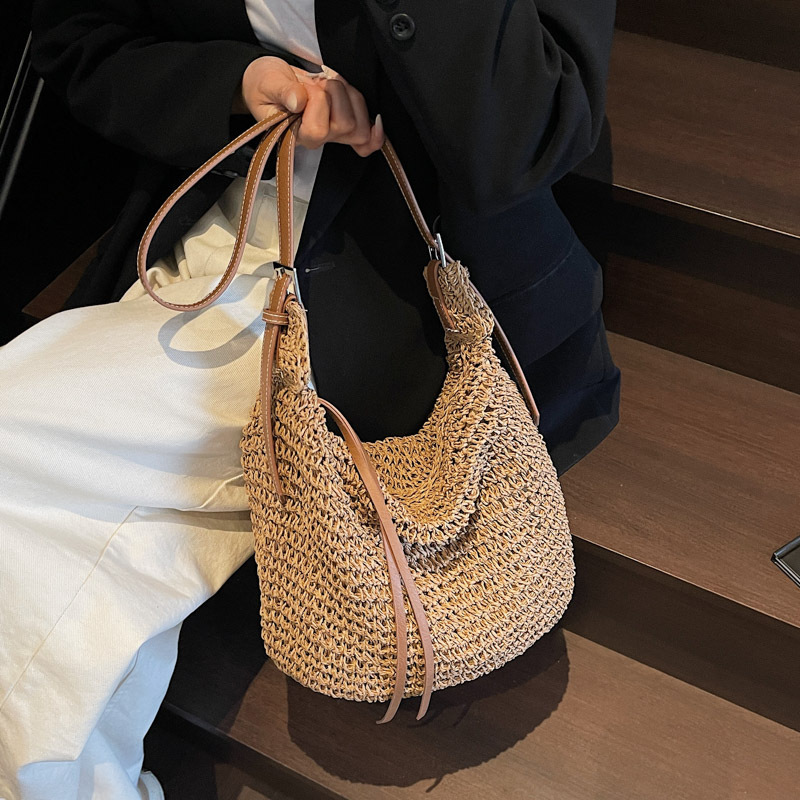 新しい紙ロープショルダー脇の下わらバッグファッショナブルな通勤人気のトートバッグ高品質の質感大容量バッグ女性用|undefined