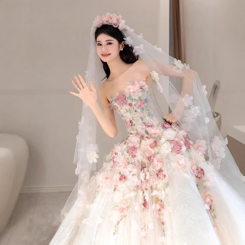 Flower Fairy Light Wedding Dress with a High-End Feel 2026 New Style Strapless Runaway Princess Colorful Gauze Rose Flower Coming-Of-Age Ceremony Evening Dress
