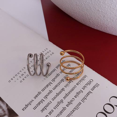 French niche double spring corkscrew ring with variable finger circumference, titanium steel and 18k gold, Instagram-style accessory A093