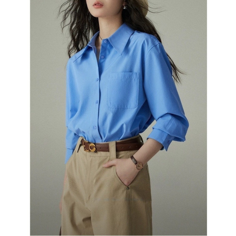 Shirt suitable for all seasons! Klein blue French-style airy professional commuting slightly loose long-sleeved shirt Shirt suitable for all seasons! Klein blue French-style airy professional commuting slightly loose long-sleeved shirt