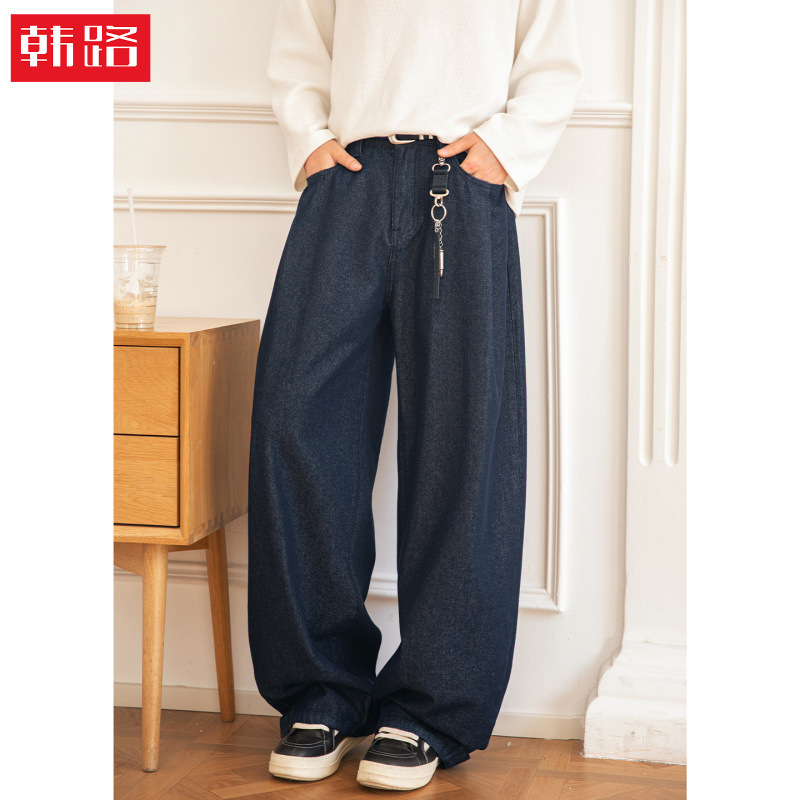 Pleated Pocket Design Raw Denim Vintage Jeans Spring Style with Velcro Cuffs, Textured Loose Casual Long Pants