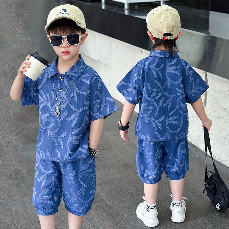 8100 traje de verano para niños 2025 nuevo vestido de verano para niños de moda jacquard manga corta niño neto de dos piezas de moda