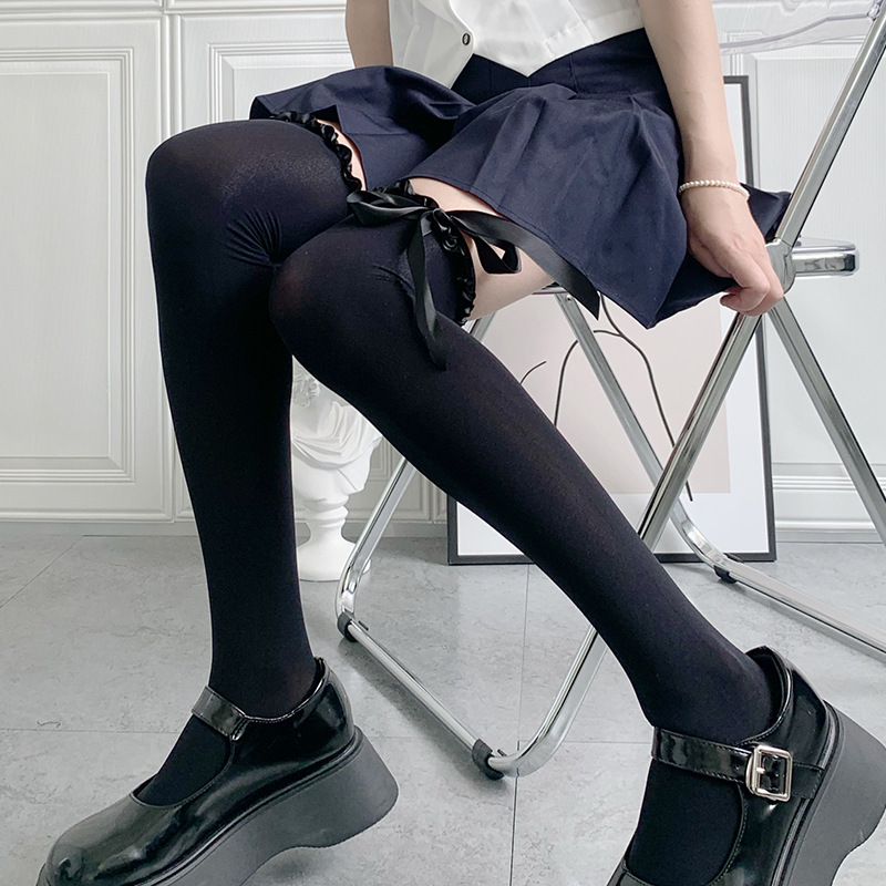 Lolita dulce chica calcetines altos terciopelo satén encaje medias JK estilo preppy sobre la rodilla Calcetines