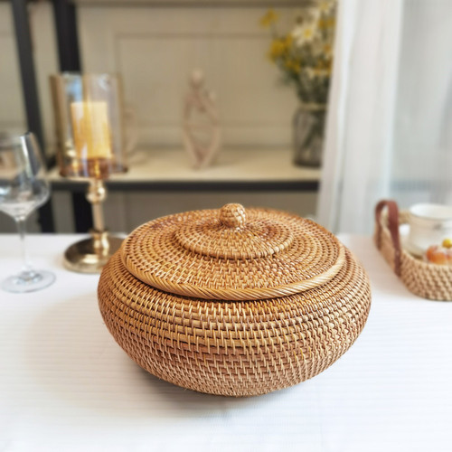 热销藤编收纳盒手工编织糖果带盖盒藤编点心水果收纳筐