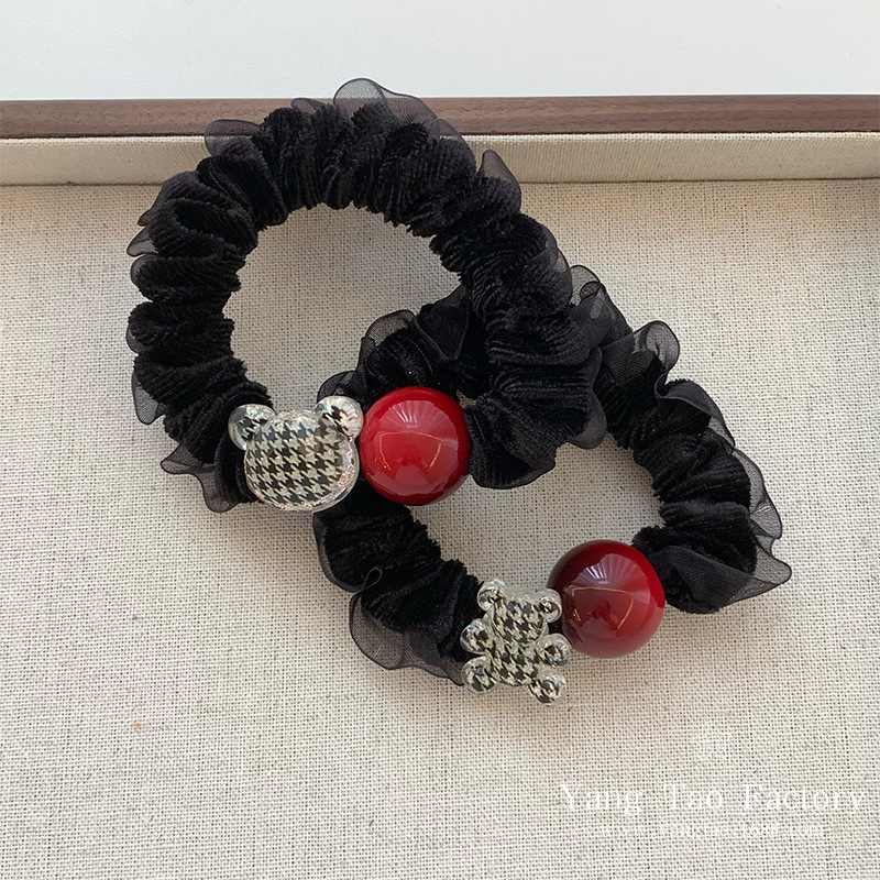 Pequín de alta elasticidad, perlas rojas, anillo de pelo de intestino delgado, simple y versátil, correa de goma, bola de cola de caballo, toque de pelo.