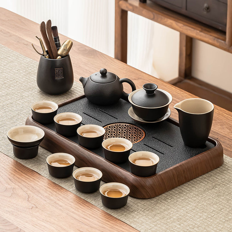 흑자 시시 찻주전자 13종 세트 + 다도 + 둥근 창 호두색 차 트레이