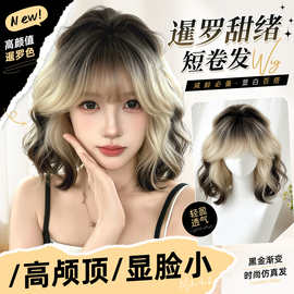假发女短卷发黑金渐变日常百搭羊毛卷lolita甜酷全头套整顶假发