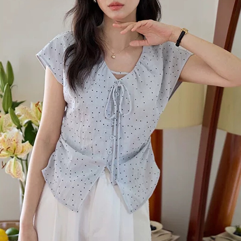Morirose Blue Polka Dot Pleated Waist-Cinching Slimming Tie Short-Sleeve Shirt for Women, Summer Elegant Commuter Top
