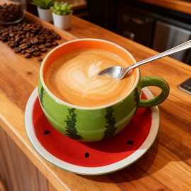 批发文创西瓜陶瓷咖啡杯碟套装办公室喝茶杯网红渐变马克杯牛奶杯