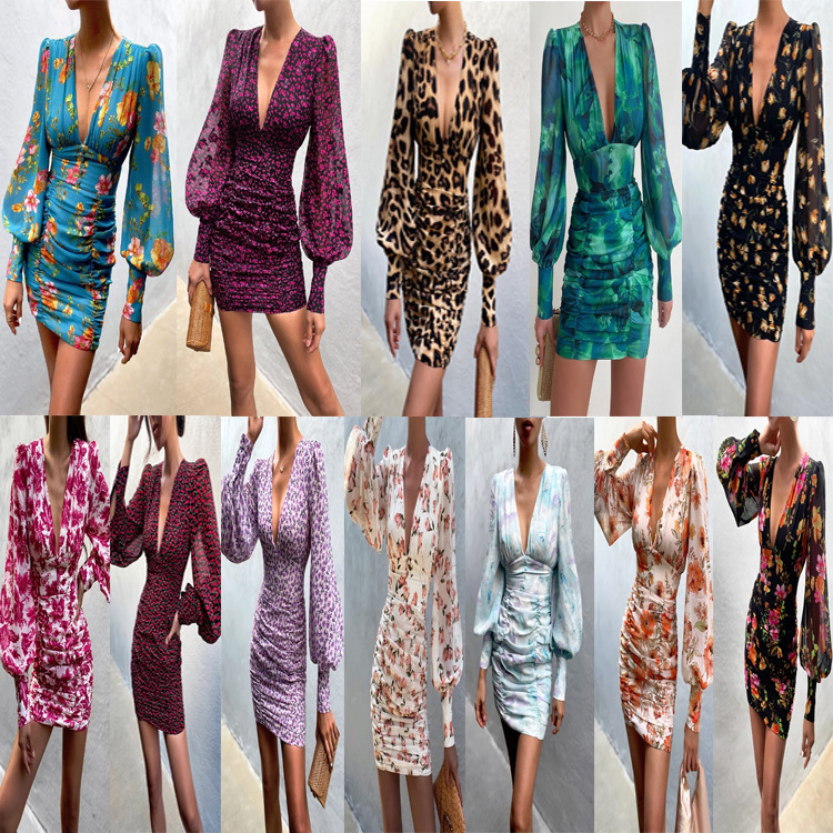 Clearance Sale: Printed V-Neck Long-Sleeve Bodycon Dress