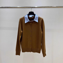 秋冬外套女爆款气质复古港风衬衫拼接针织衫假两件开衫时尚毛衣