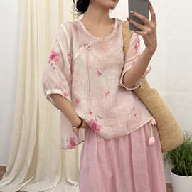 苎麻印花衬衫女2026夏季新款文艺复古V领中袖纯色宽松衬衣T恤