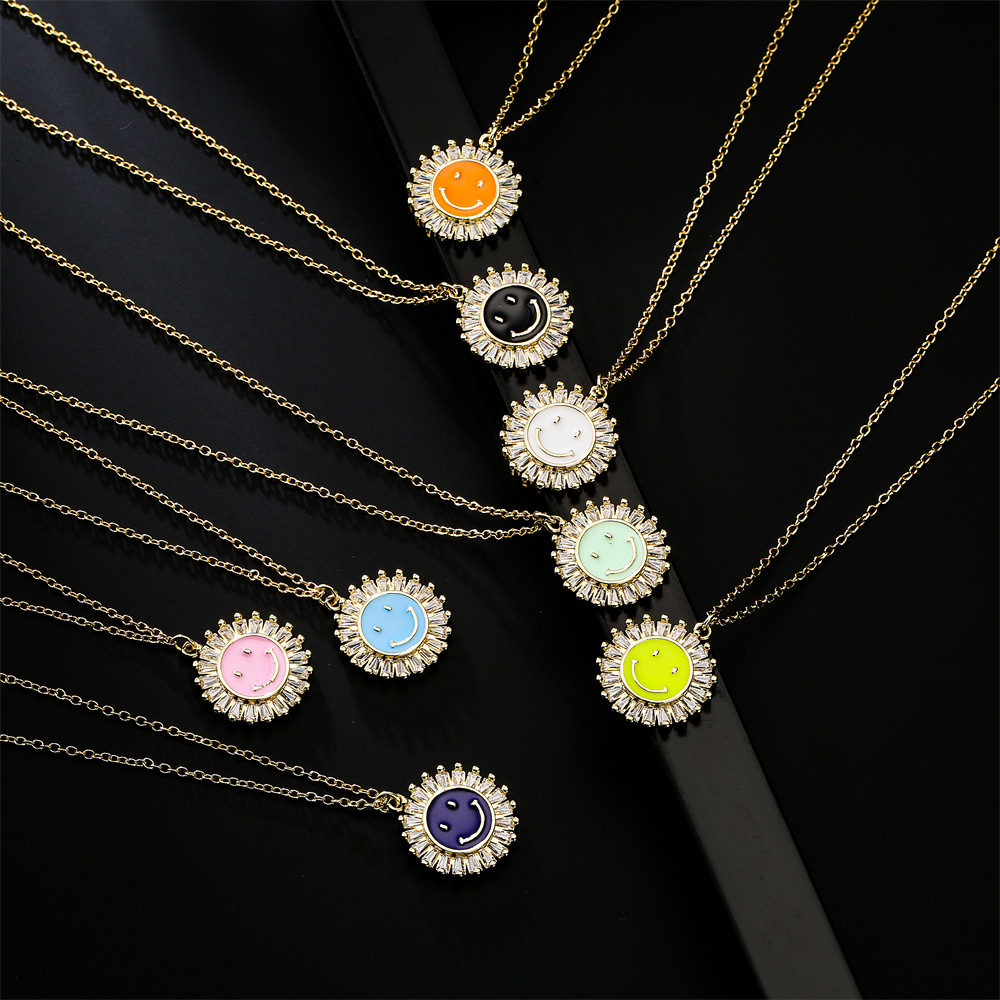 new drop oil sunflower smiley face pendant copper 18K gold necklace