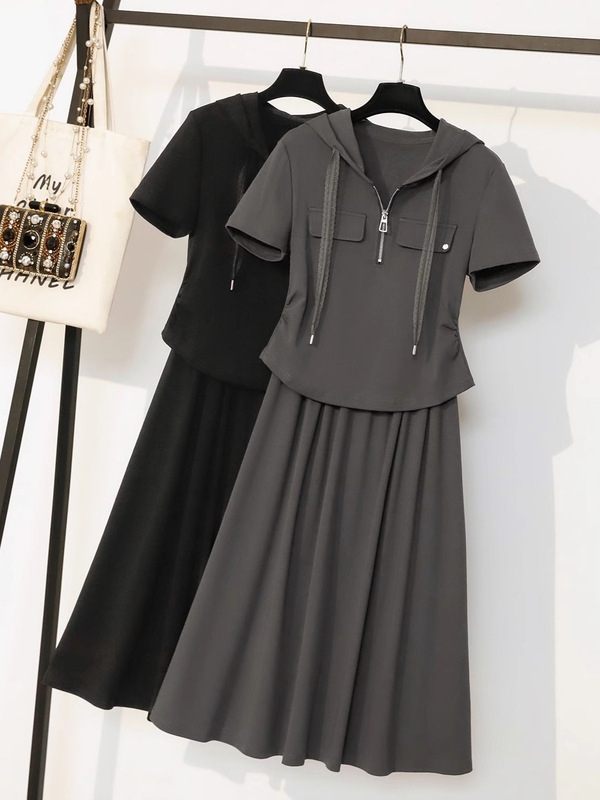 大きいサイズmm夏服、ファッショナブルでスリムなmmスーツ、レディース夏用フード付き半袖Tシャツ、ハイウエストスカート2枚|undefined