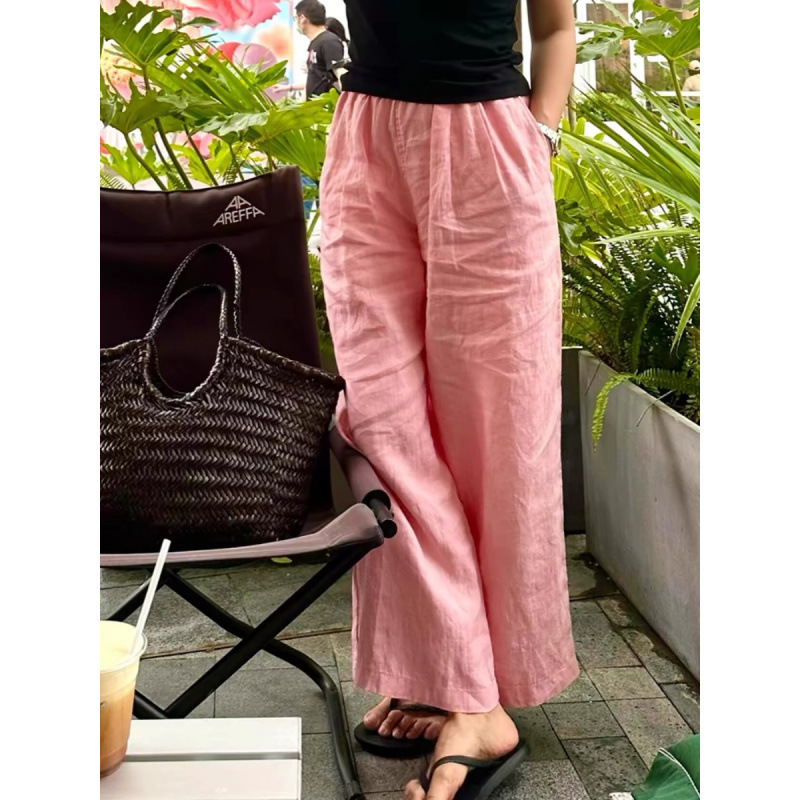 2025 New Linen Pink Casual Pants Women's Comfortable All-match Stretch Waist Wide-leg Trousers