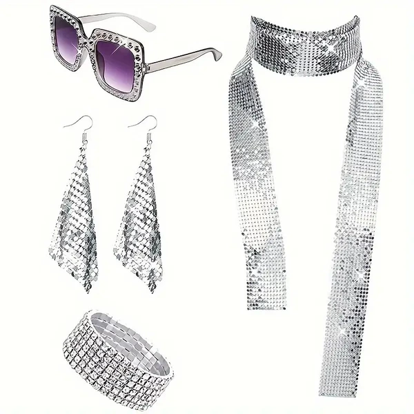 Necklace, earrings, glasses
