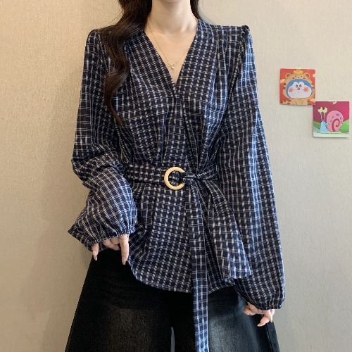 深蓝色格子长袖衬衫女秋装2025新款大码胖mm高级收腰绑带遮肚上衣|undefined