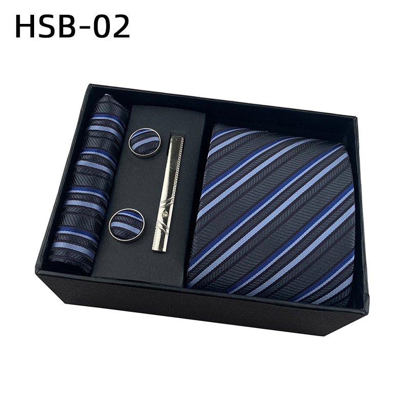 2025 nueva caja de regalo negra de negocios para hombres, corbata lisa a rayas, bufanda de bolsillo, clip de corbata, traje de regalo