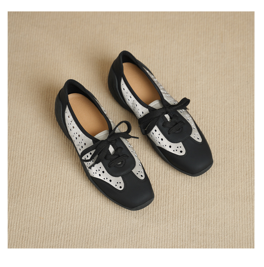Giày sneaker nữ phối màu đục lỗ dây buộc mũi sâu đế mềm da mềm — đen chi tiết 12