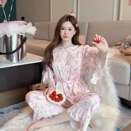 秋冬季冰丝睡衣女新款绝美蕾丝碎花娃娃领甜美公主风喇叭袖家居服