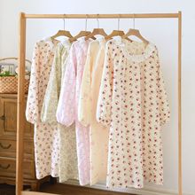 春秋季睡裙女纯棉绉布棉纱泡泡花边长袖甜美花边家居连衣裙可外穿