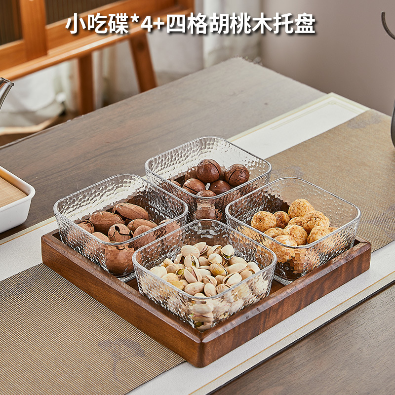 胡桃の木の果物の皿の間食の収納箱の軽くて豪華な高級なガラスの果物の皿のお茶のいくつかのお茶のお菓子の分格の皿|undefined