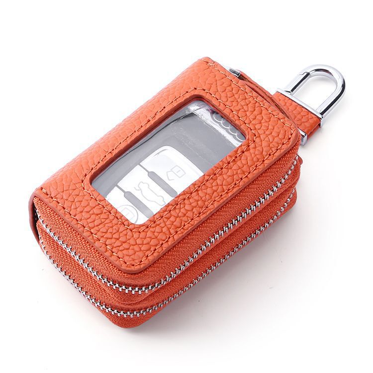 First-Layer Cowhide Pebbled Leather Key Case, Unisex Car Key Case, Double-Layer Zipper Waist-Hanging Household Storage Bag