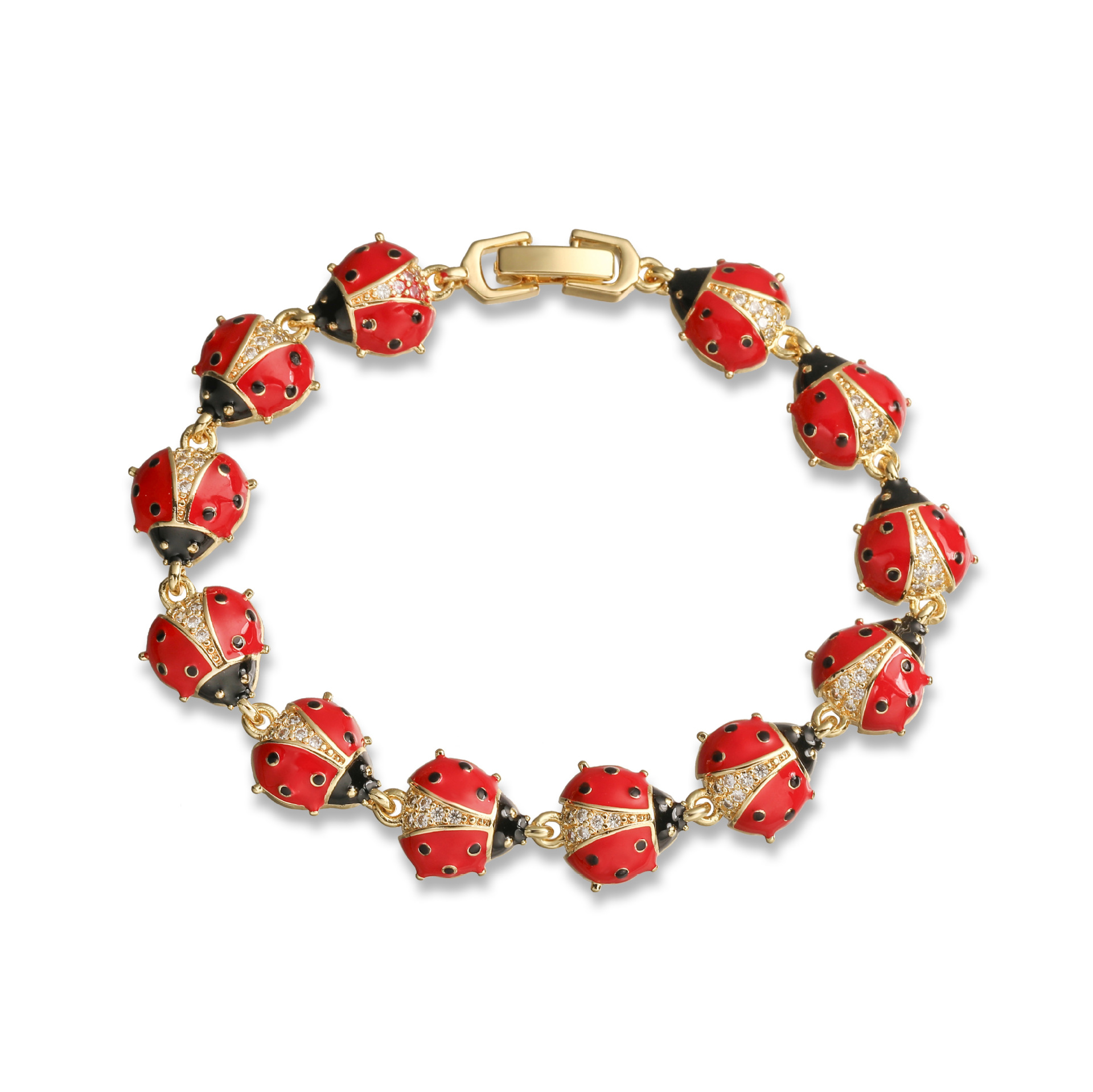 골드 화이트 다이아몬드 블랙 및 레드 비틀 팔찌