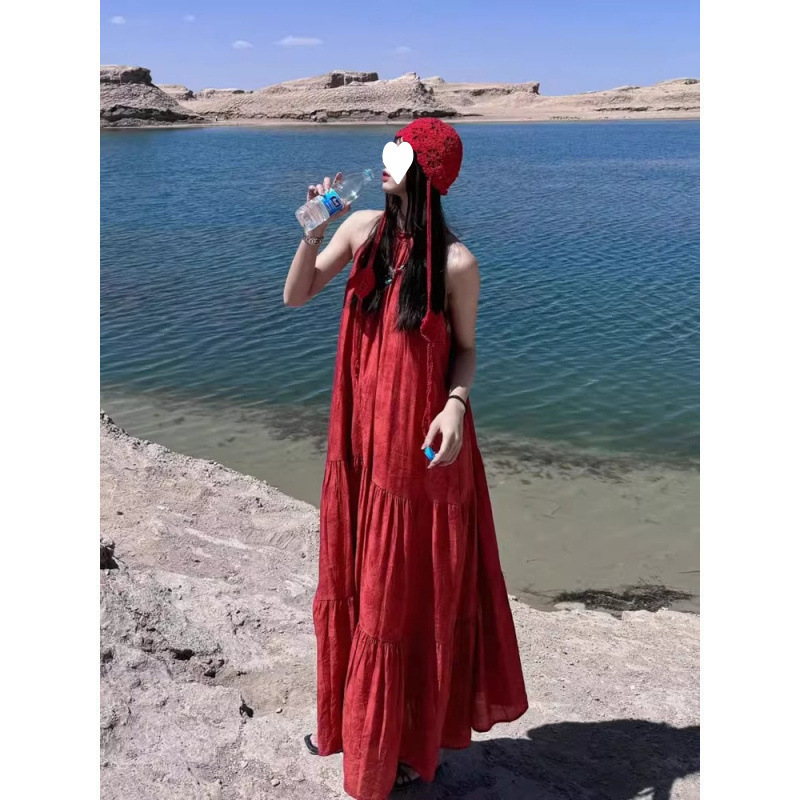 Xinjiang Style New Chinese Retro Red Halter Neck Dress for Women, Loose Long Dress for Seaside Vacation Photoshoots
