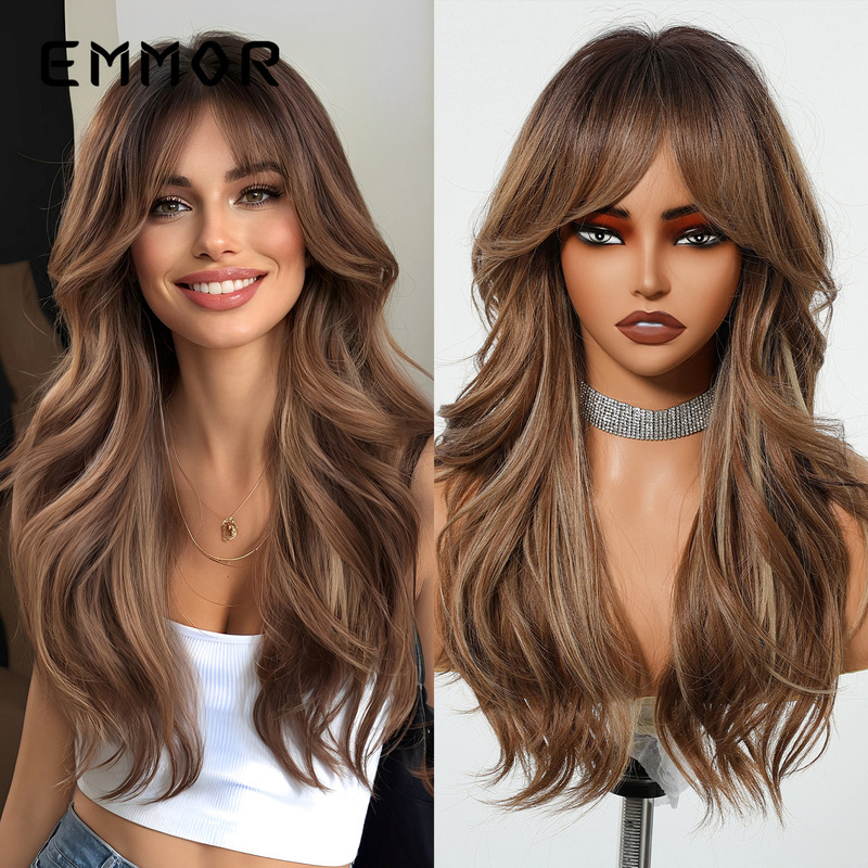 Highlight Dye Brown European and American Wig Full Hair Figure Eight Bangs Long Curls Natural Fashion Full Top Hair Set wigs