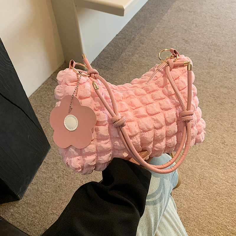 Small Shoulder Bag, Korean Style, Quilted Textured Fabric, Adjustable Strap, Lightweight