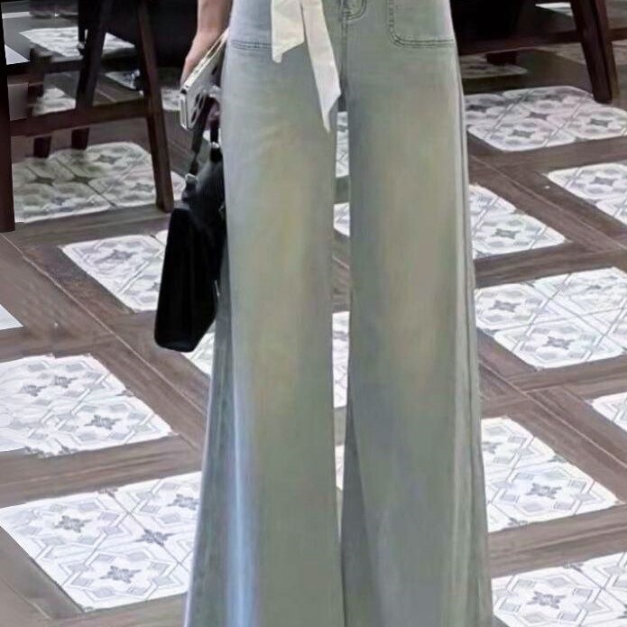 Hong Kong Style Retro Washed Lazy Wide-Leg Jeans for Women, Petite Loose Fit, Stretchy, Slimming, Flared, Drapey, Floor-Length Pants Hong Kong Style Retro Washed Lazy Wide-Leg Jeans for Women, Petite Loose Fit, Stretchy, Slimming, Flared, Drapey, Floor-Length Pants