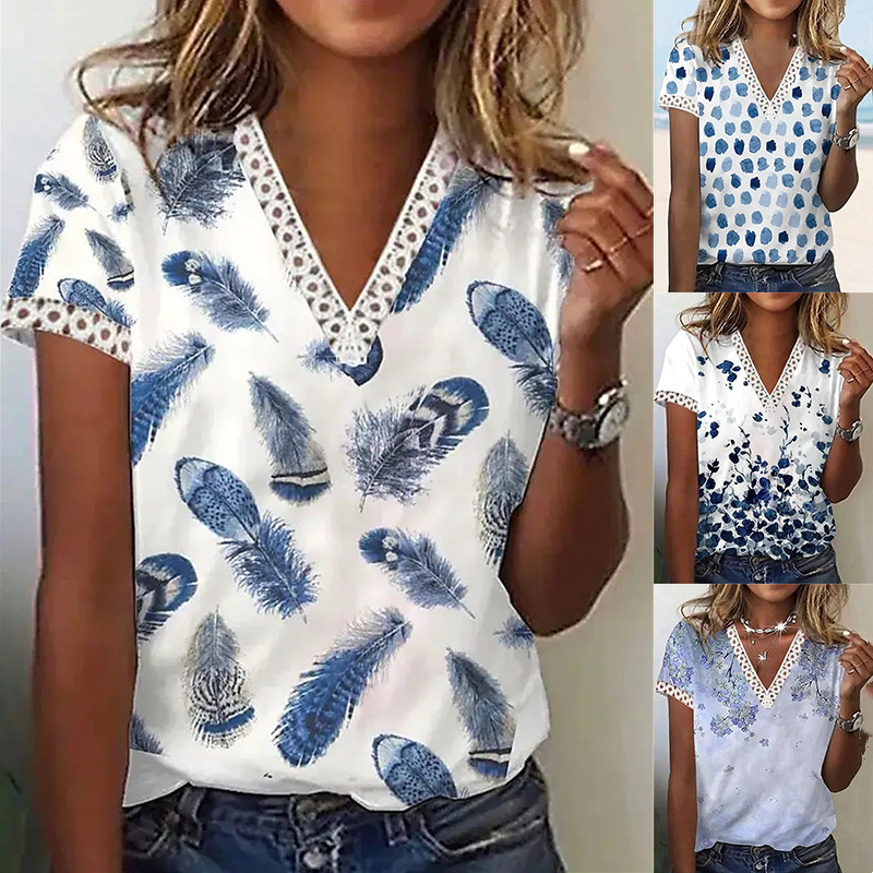 Cross-Border European and American Clothing 2023 Spring and Summer New Amazon Loose Lace V Neck Pullover Short-Sleeved Printed Top T-Shirt