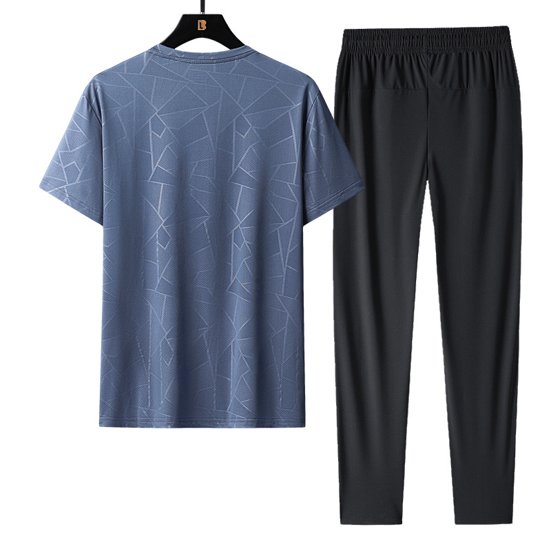Traje de ocio deportivo para hombre de verano, seda de hielo, cuello redondo de secado rápido, pantalones de manga corta, camiseta para hombre, traje de dos piezas de gran tamaño de verano