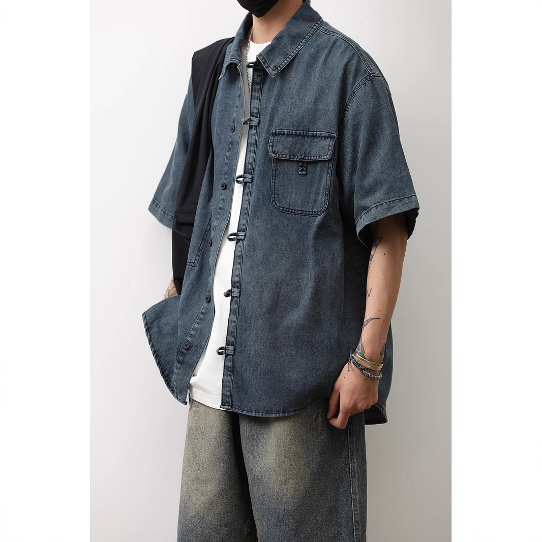 1 Denim Short Sleeve Summer New Chinese Niche Design Button Dark Blue Shirt Men's National Style Jacket Trendy_voghion.com