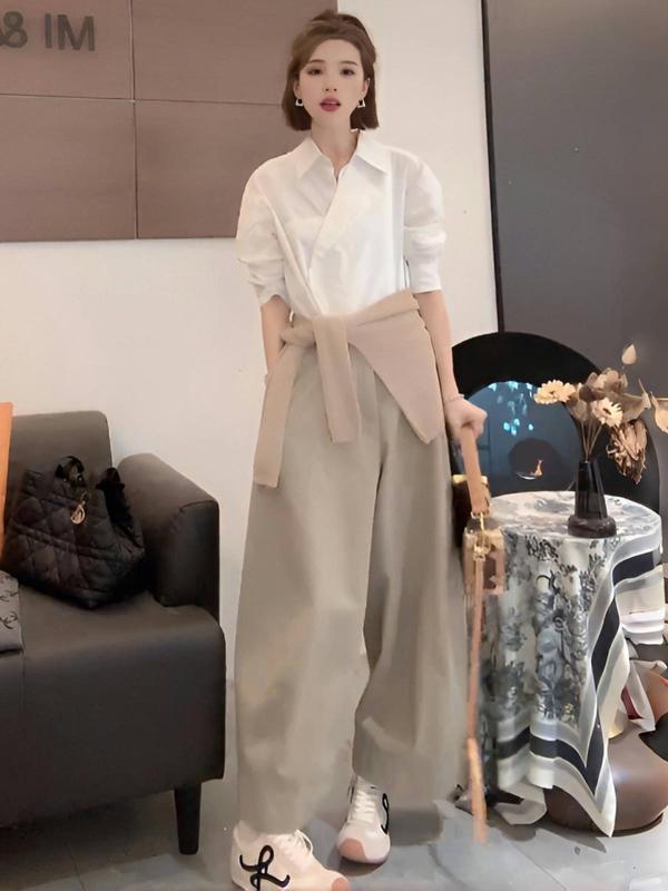 春秋季新款女士设计感穿搭一整套时尚衬衫休闲阔腿裤套装|undefined