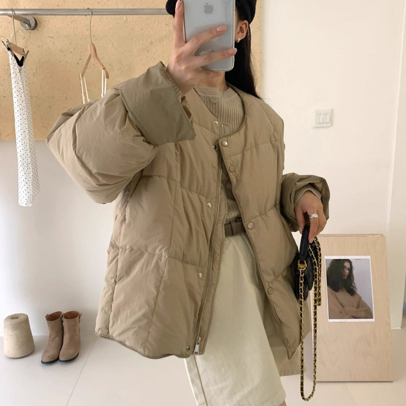 羽绒服女2025冬季韩版撞色圆领小个子面包服简约宽松短款保暖外套|undefined