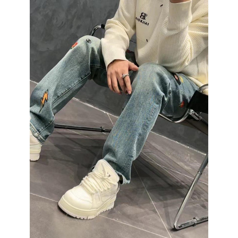 Blue Jeans Men's Light Luxury Embroidered Straight Pants All-match Trendy Stretch High Street Style European Casual Pants