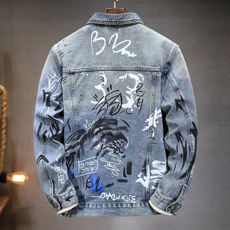 Men's Clothing new versatile men's jackets spring and autumn high end trendy brand graffiti print fitted denim jacket for men_voghion.com