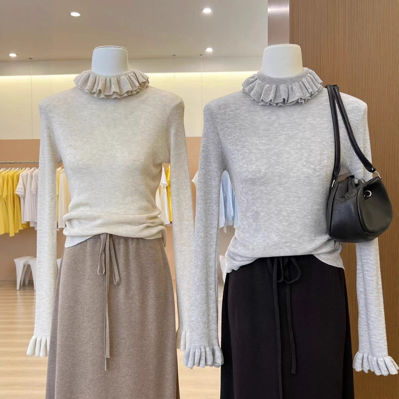 Sweet Age-Reducing Lotus Leaf Collar Double-Layer Lace Lapel Slim Knitted Knitwear Elegant Slimming Look Light Bottoming Shirt Women's Top