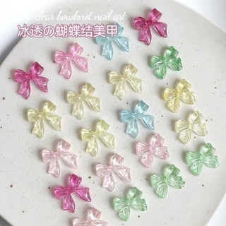 批发冰透蝴蝶结美甲饰品飘带领结果冻色穿戴甲小配件指甲树脂钻饰