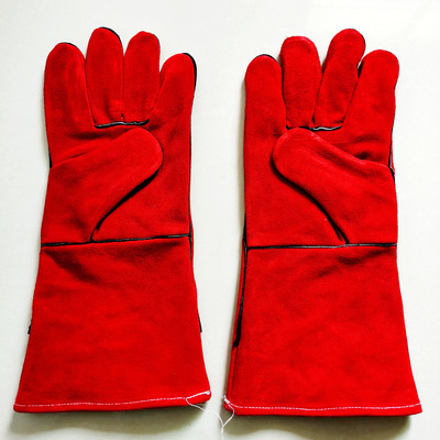 厂家优惠供应红色牛二层皮电焊手套4级耐磨 14寸焊工手套|ms