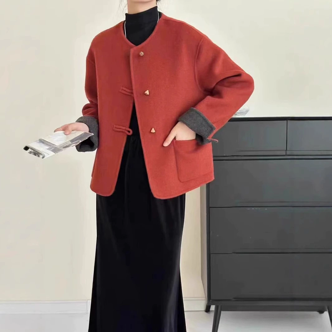 Сетка красная двухсторонняя кашемировая куртка короткая ароматная корейская линия цвета 2024 осень новая шерстяная шерстяная куртка
