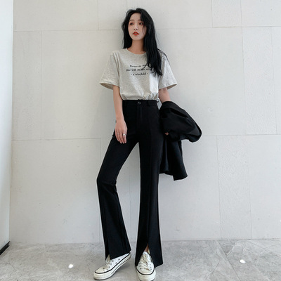 锦棉黑色高腰裤女修身显瘦2021年春秋新款前开叉阔腿喇叭拖地裤子|ms