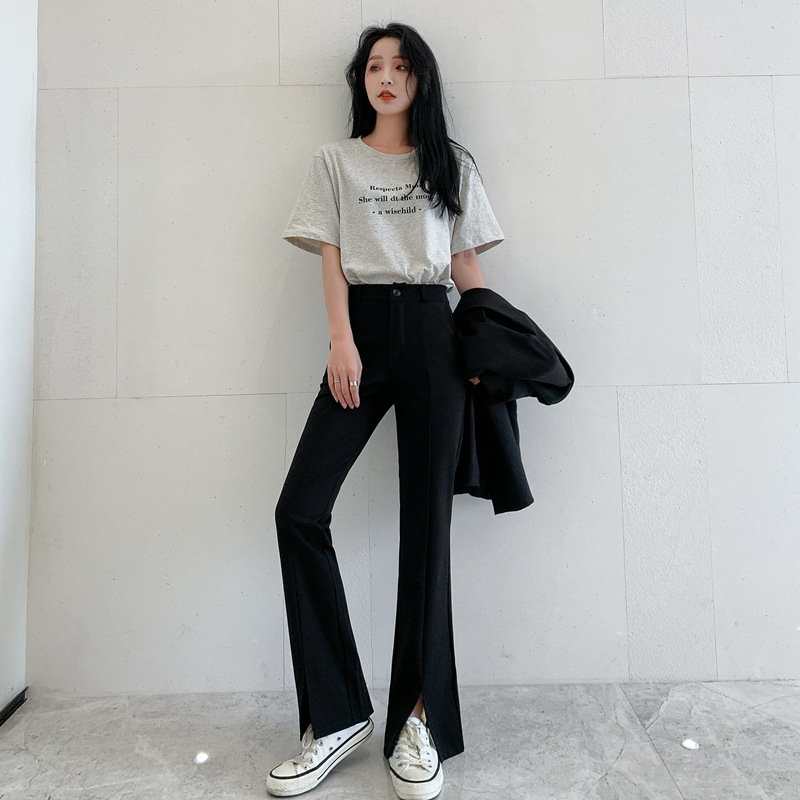 锦棉黑色高腰裤女修身显瘦2021年春秋新款前开叉阔腿喇叭拖地裤子|ms