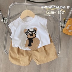 New Cotton Summer Medium and Small Children's Sleeveless Backless Tee Short Shorts Set for Boys Cartoon Baby Two-Piece Set T